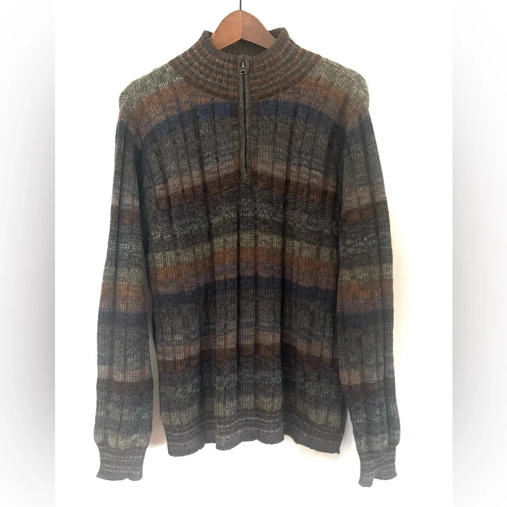 Novica Peruvian Quarter Zip Front 100% Alpaca Traveler Stripe Sweater Med